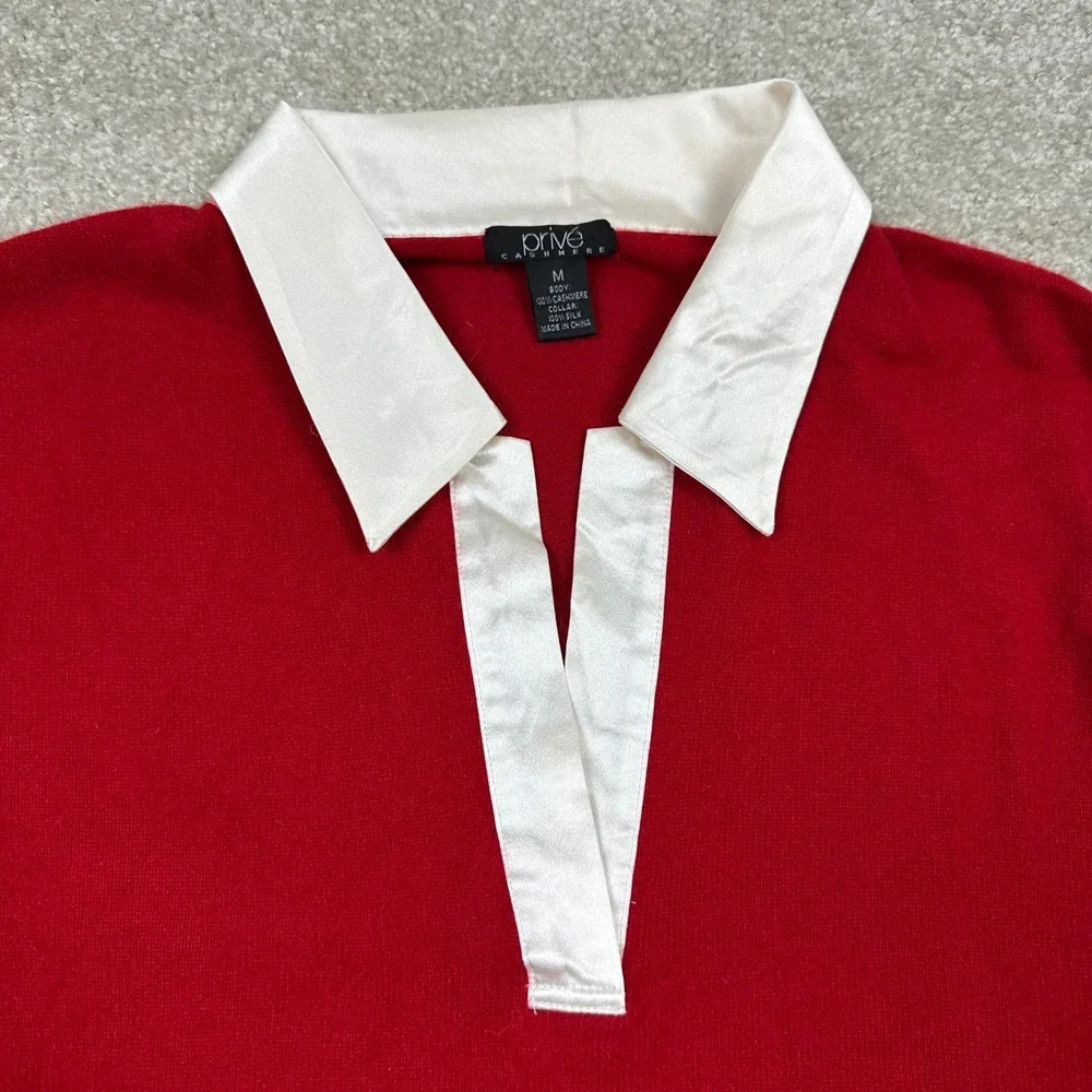 Prive Cashmere Red Silk Collar Sweater Rhinestone Button Cuff Polo Pullover M